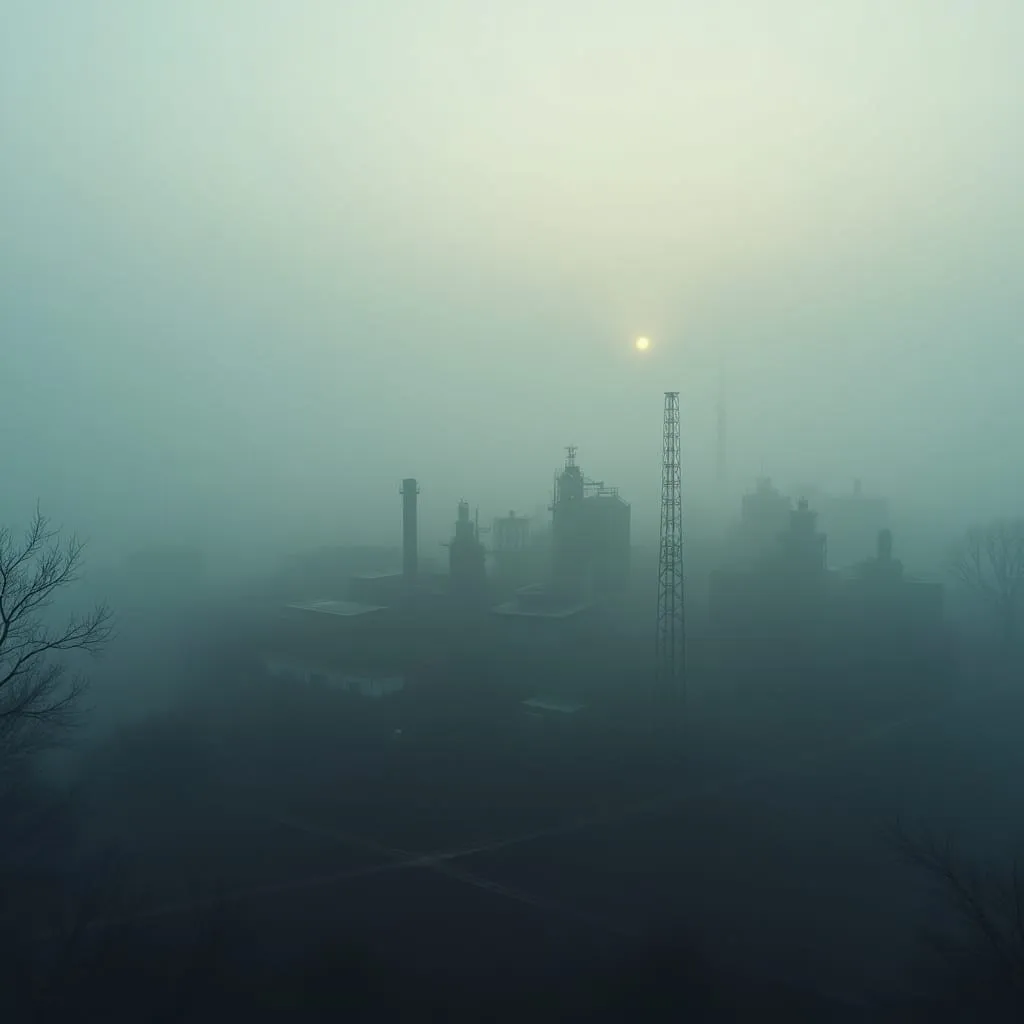 A misty morning shoot over a factory site