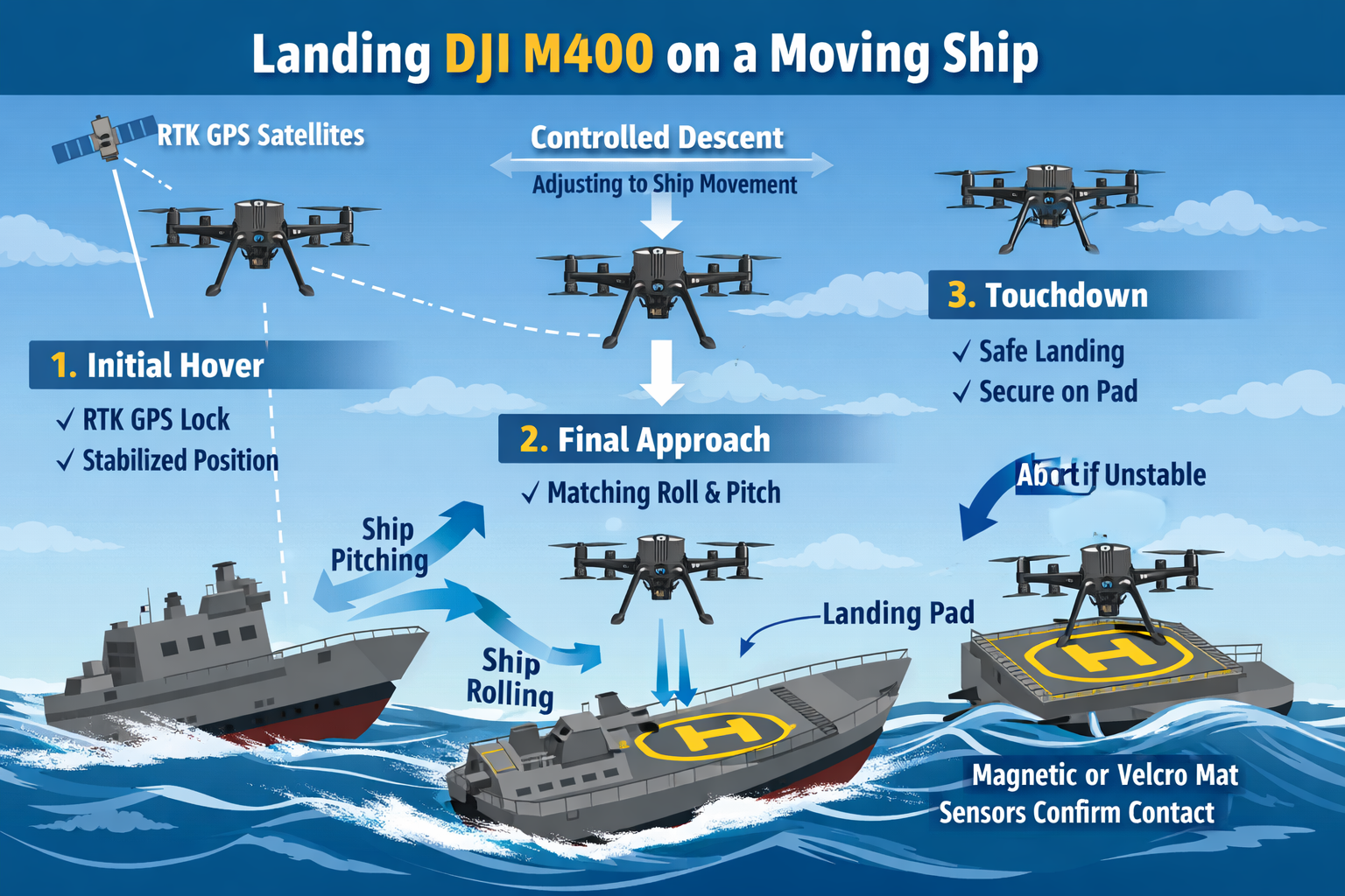 DJI M400 landing on moving ship