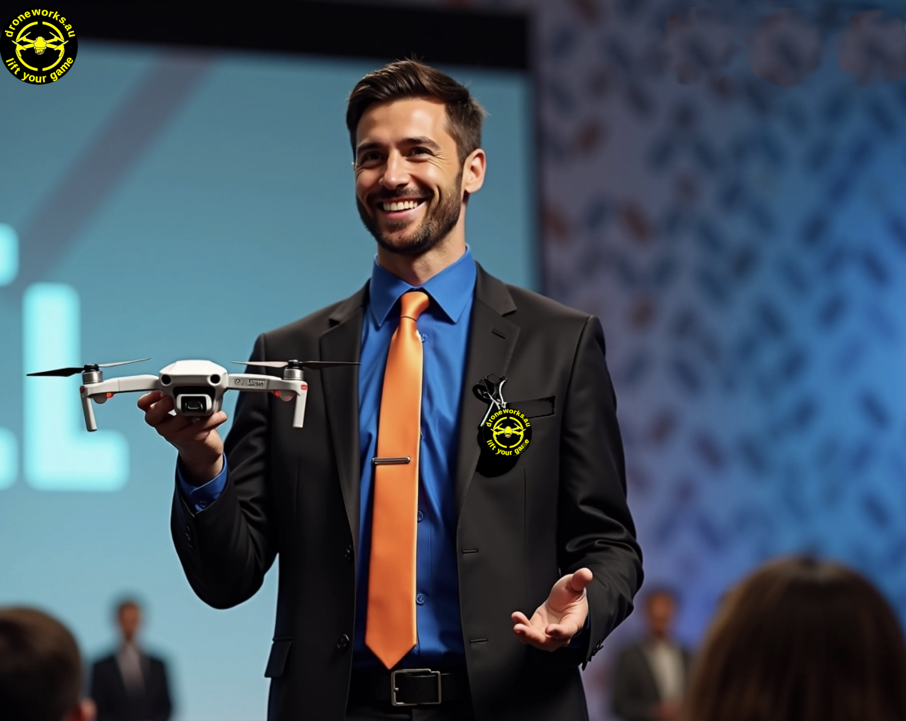 Drone operator presenting with UAV at conference