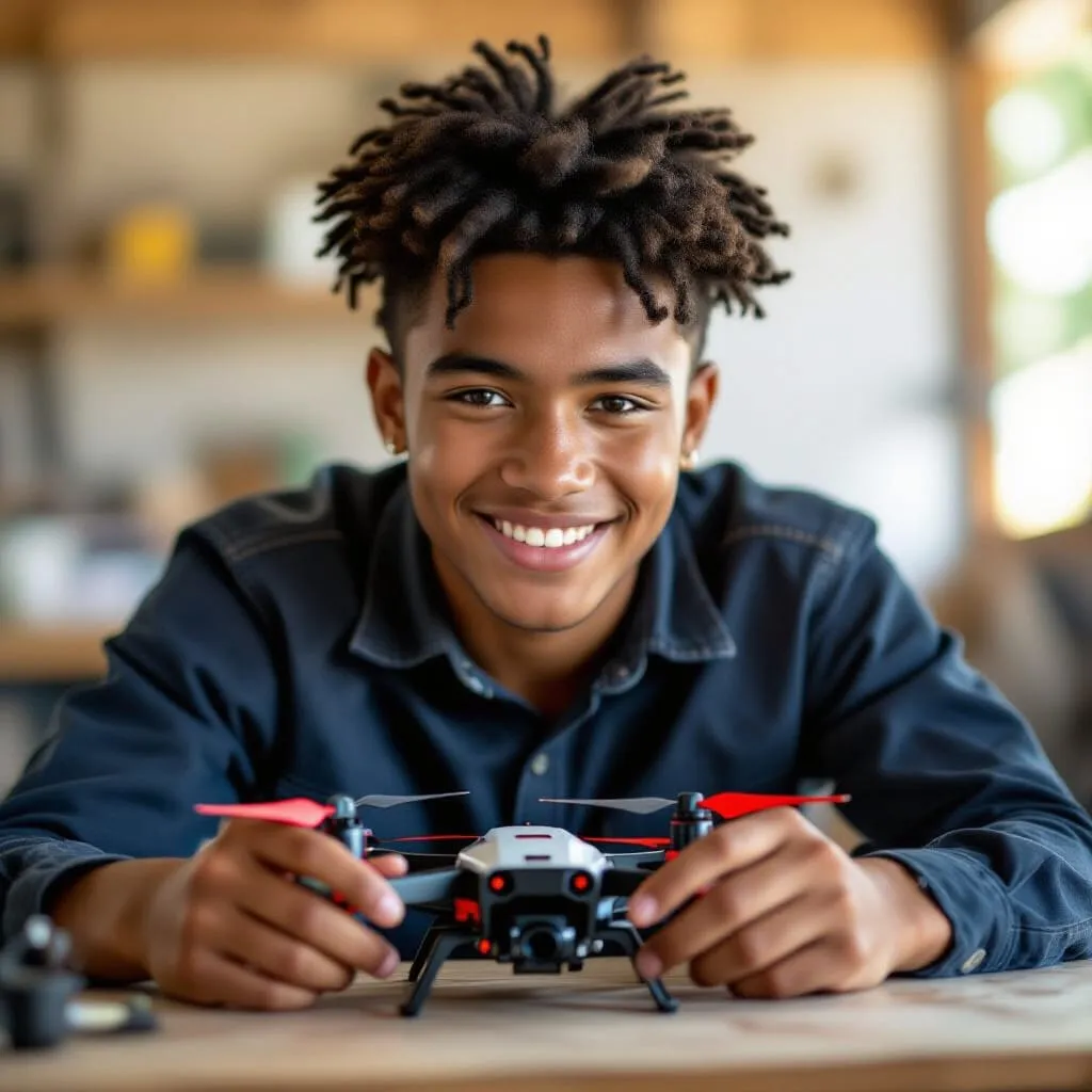 Young person smiling while preparing a drone